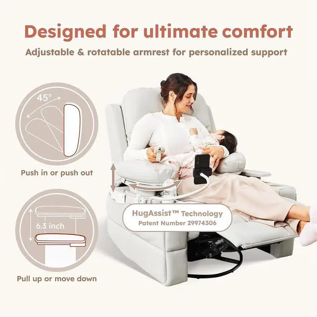 Alt view image 4 of 7 - MAMAZING Lullapod Power Nursery Recliner Rocking Chair, Triple Motor Power Recliner with HugAssist Armrest, 270° Swivel Glider and Quiet Rocking Chair Nursery with Dual Charging Port and Storage