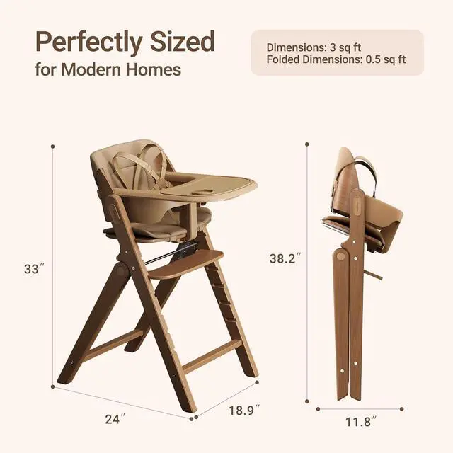 Alt view image 7 of 7 - Mamazing GrowPod Pro Wooden Baby High Chair for 6 Months to 220lbs, Easy to Clean with Tray, Compact Foldable Highchair for Kitchen & Dining Room, with 5-Point Safety Harnesses and Guard Bar