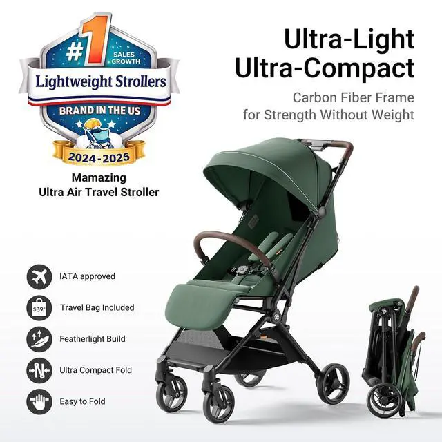 Alt view image 2 of 5 - MAMAZING Ultra Air Lightweight Travel Stroller Bundle with Portable Stroller Fan, Carbon Fiber Frame, One-Hand Fold, Airplane-Friendly, 11.6 lbs