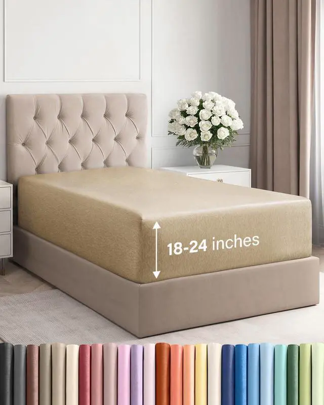 Main image of Extra Deep Twin Fitted Sheet - Hotel Luxury Single Fitted Sheet Only - Easily Fits 18 inch to 24 inch Mattress - Ultra Soft, Wrinkle Free with Extra Deep Pockets - Breathable & Comfy - Heathered Tan