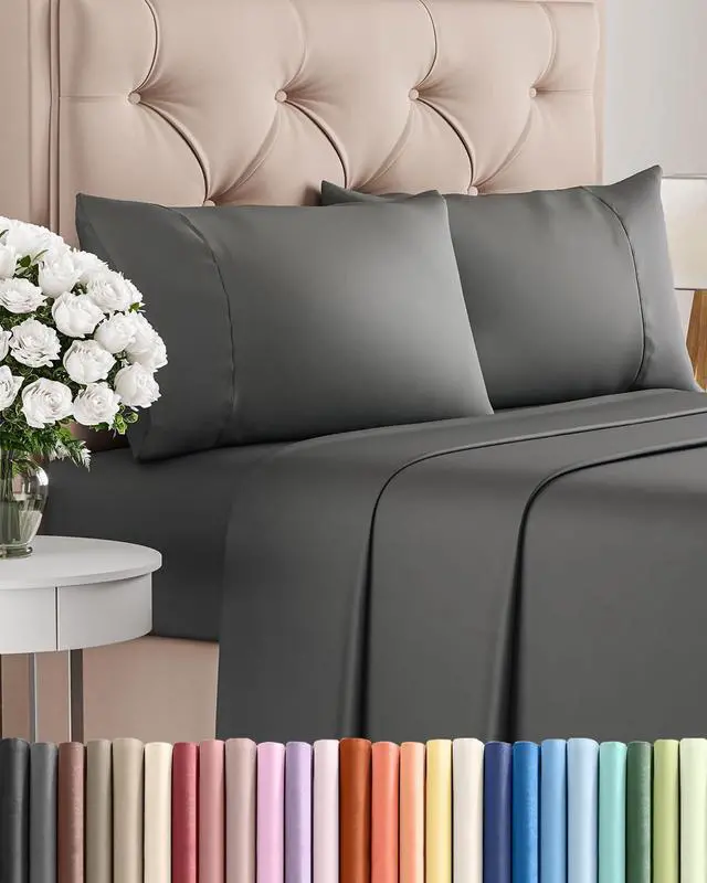 Main image of Twin 4 Piece Sheet Set - Comfy Breathable & Cooling - Ultra Soft Hotel Luxury Bedding Set w/ 8-16 Inch Deep Pockets - 1 Flat & 1 Fitted Sheet & 2 Pillowcases - Wrinkle Free and Easy Care - Charcoal
