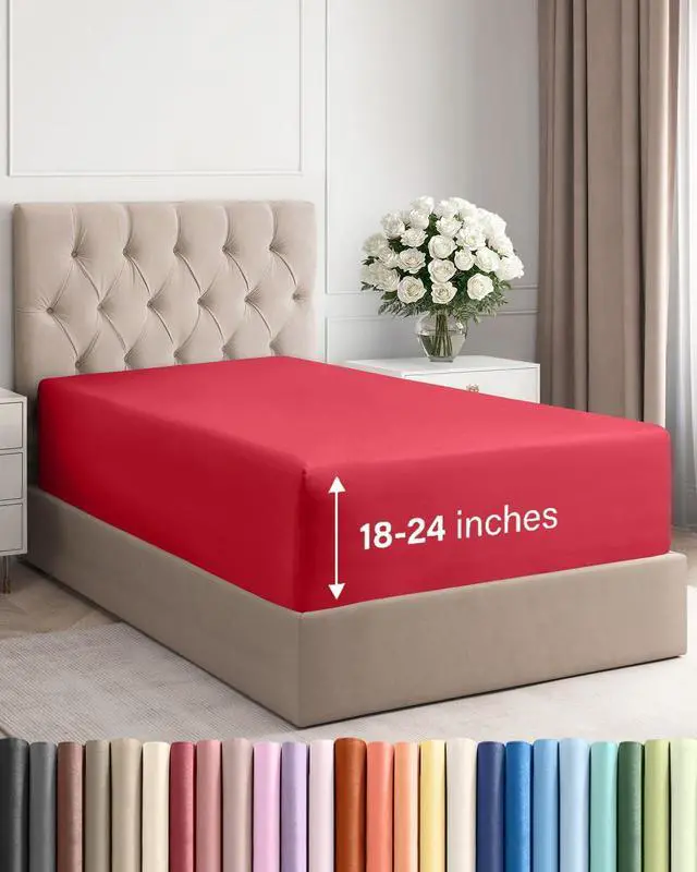 Main image of Extra Deep Twin Fitted Sheet - Hotel Luxury Single Fitted Sheet Only - Easily Fits 18 inch to 24 inch Mattress - Ultra Soft, Wrinkle Free with Extra Deep Pockets - Easy-Care, Breathable & Comfy - Red