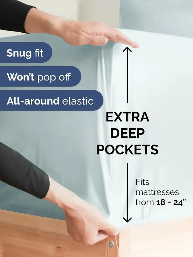 Alt view image 2 of 7 - Extra Deep Twin Fitted Sheet - Hotel Luxury Single Fitted Sheet Only - Easily Fits 18 inch to 24 inch Mattress - Ultra Soft, Wrinkle & Fade Free w/Extra Deep Pockets - Breathable & Comfy - Ice Blue