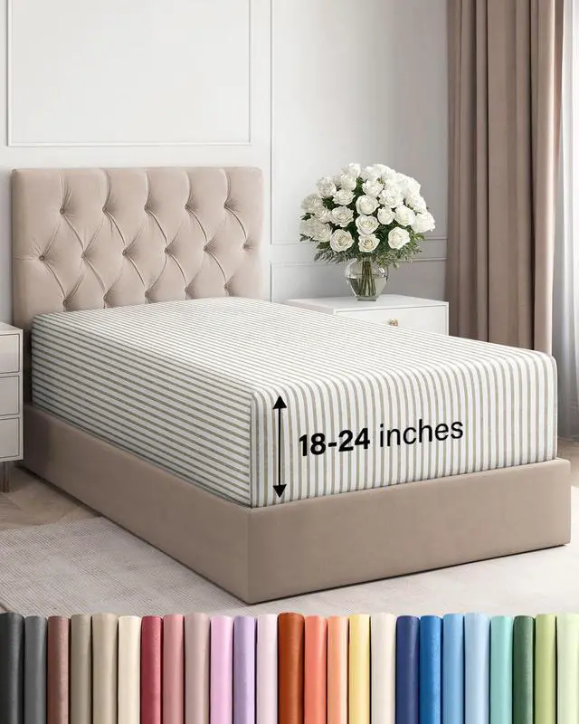 Main image of Extra Deep Twin XL Fitted Sheet - College Dorm Bed Single Fitted Sheet Only w/Extra Deep Pockets - Ultra-Soft & Breathable - Easily Fits 18 to 24 inch Mattress - Wrinkle & Fade Free - Beige Stripes 2