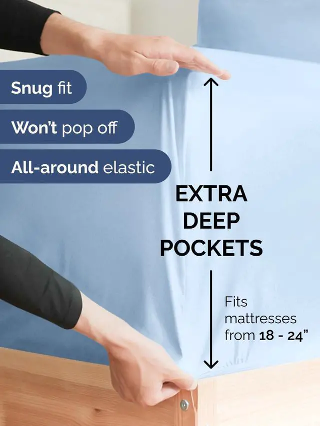 Alt view image 2 of 7 - Extra Deep Twin XL Fitted Sheet - College Dorm Bed Single Fitted Sheet Only w/Extra Deep Pockets - Ultra-Soft & Breathable - Easily Fits 18 to 24 inch Mattress - Wrinkle & Fade Resistant - Light Blue