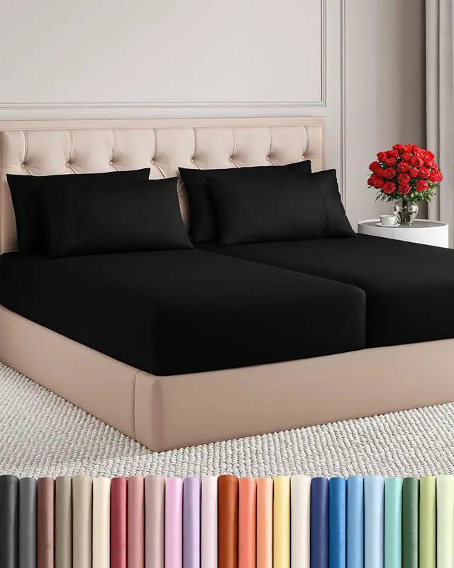 Main image of Split King 7 Piece Sheet Set - Comfy Breathable & Cooling - Ultra-Soft Hotel Luxury Bedding Set w/ 8-16 Inch Deep Pockets - 1 Flat & 2 Fitted Sheet & 4 Pillowcases - Wrinkle Free & Easy Care - Black
