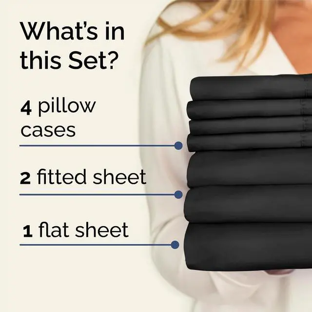 Alt view image 2 of 7 - Split King 7 Piece Sheet Set - Comfy Breathable & Cooling - Ultra-Soft Hotel Luxury Bedding Set w/ 8-16 Inch Deep Pockets - 1 Flat & 2 Fitted Sheet & 4 Pillowcases - Wrinkle Free & Easy Care - Black