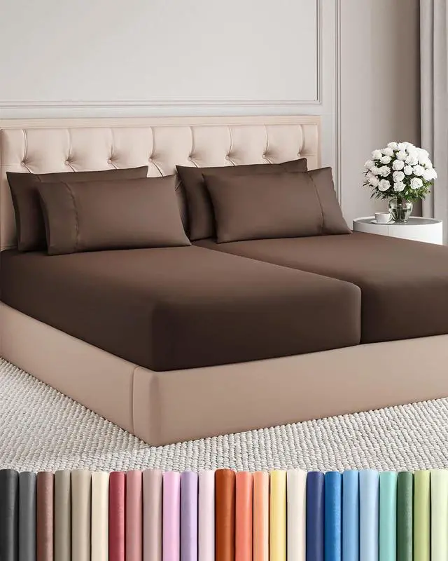 Main image of Split King 7 Piece Sheet Set - Comfy Breathable & Cooling - Ultra-Soft Hotel Luxury Bedding Set w/ 8-16 Inch Deep Pockets - 1 Flat & 2 Fitted Sheet & 4 Pillowcases - Wrinkle Free & Easy Care - Brown