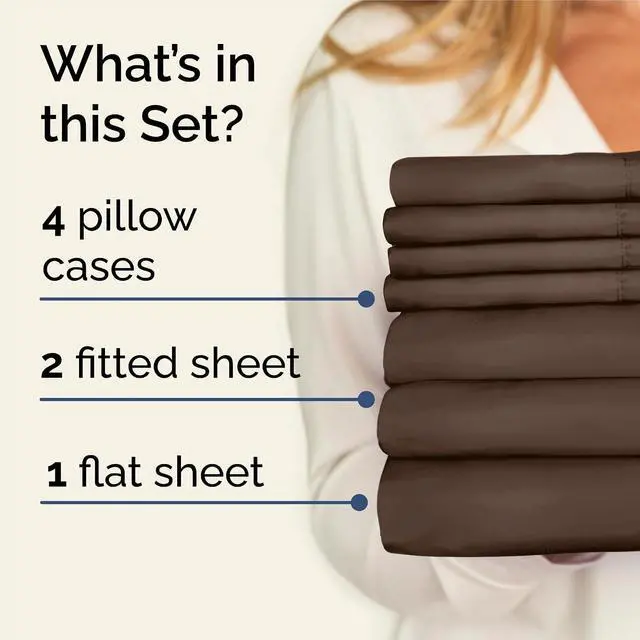 Alt view image 2 of 7 - Split King 7 Piece Sheet Set - Comfy Breathable & Cooling - Ultra-Soft Hotel Luxury Bedding Set w/ 8-16 Inch Deep Pockets - 1 Flat & 2 Fitted Sheet & 4 Pillowcases - Wrinkle Free & Easy Care - Brown