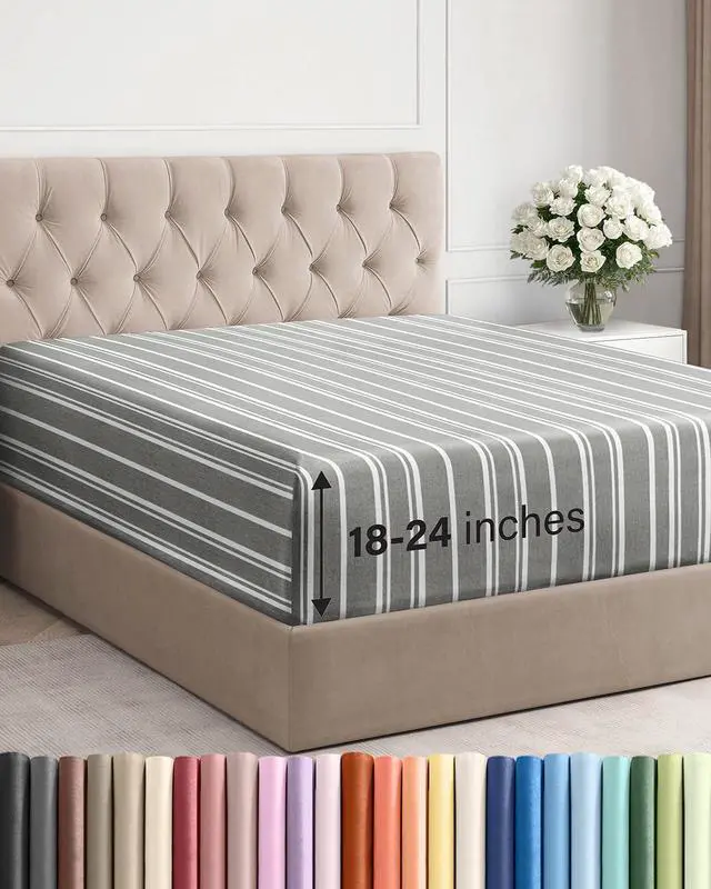 Main image of Extra Deep Cal King Fitted Sheet - Hotel Luxury Single Fitted Sheet Only - Easily Fits 18 inch to 24 inch Mattress - Ultra Soft, Wrinkle Free w/Extra Deep Pockets - Breathable & Comfy - Grey Stripes