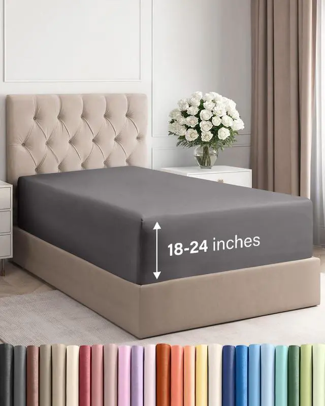 Main image of Extra Deep Twin XL Fitted Sheet - College Dorm Bed Single Fitted Sheet Only w/Extra Deep Pockets - Ultra-Soft & Breathable - Easily Fits 18 to 24 inch Mattress - Wrinkle & Fade Resistant - Dark Grey