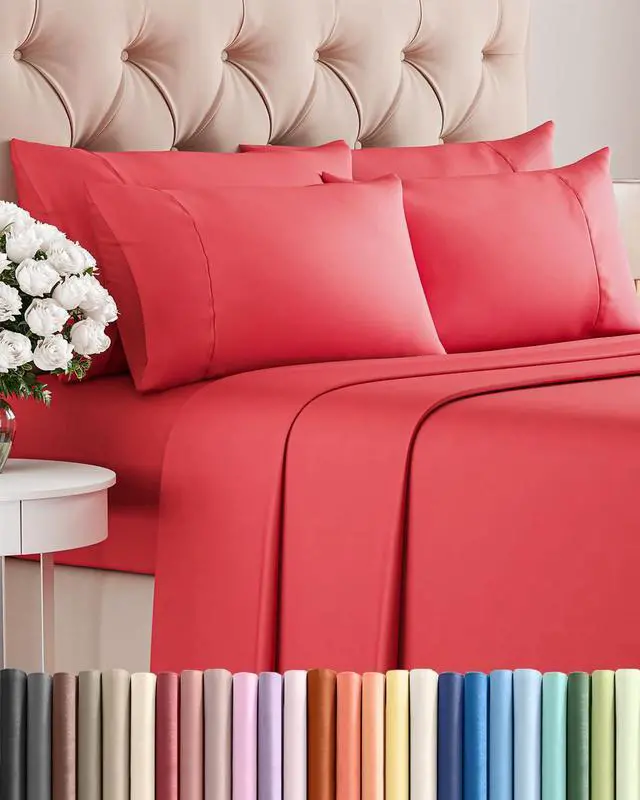 Main image of Cal King 6 Piece Sheet Set - Comfy Breathable & Cooling - Ultra Soft Hotel Luxury Bedding Set w/ 8-16 Inch Deep Pockets - 1 Flat & 1 Fitted Sheet & 4 Pillowcases - Cozy, Wrinkle Free & Easy Care - Red