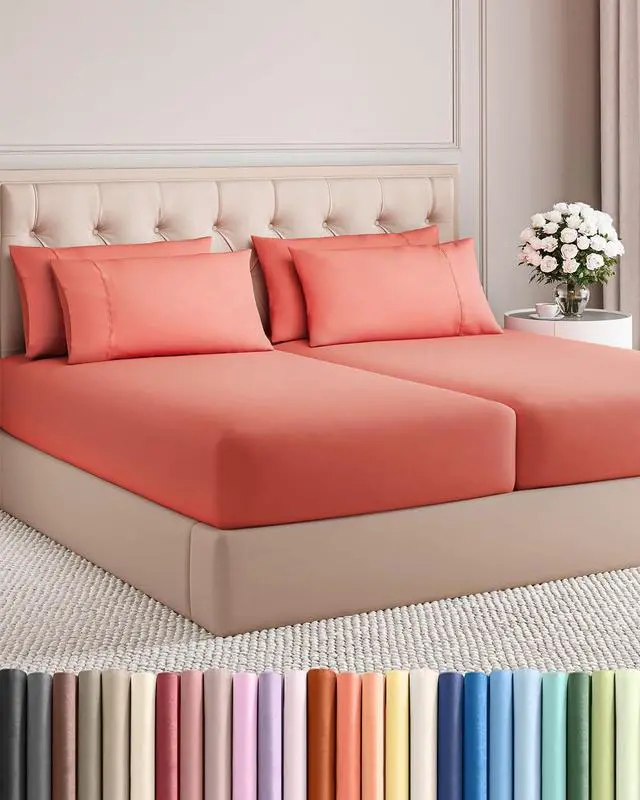 Main image of Split King 7 Piece Sheet Set - Comfy Breathable & Cooling - Ultra-Soft Hotel Luxury Bedding Set w/ 8-16 Inch Deep Pockets - 1 Flat & 2 Fitted Sheet & 4 Pillowcases - Wrinkle Free & Easy Care - Coral