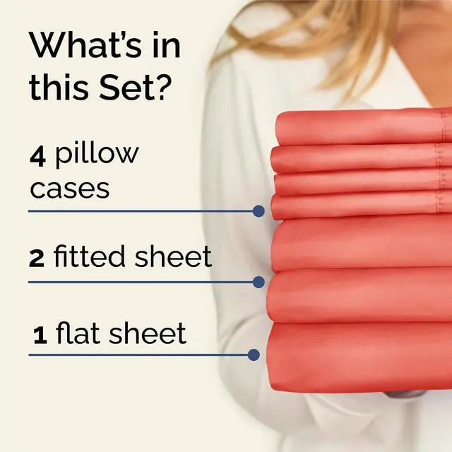 Alt view image 2 of 7 - Split King 7 Piece Sheet Set - Comfy Breathable & Cooling - Ultra-Soft Hotel Luxury Bedding Set w/ 8-16 Inch Deep Pockets - 1 Flat & 2 Fitted Sheet & 4 Pillowcases - Wrinkle Free & Easy Care - Coral