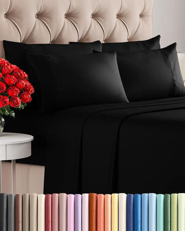 Main image of Full 6 Piece Sheet Set - Comfy Breathable & Cooling - Ultra Soft Hotel Luxury Bedding Set with 8-16 Inch Deep Pockets - 1 Flat & 1 Fitted Sheet & 4 Pillowcases - Cozy, Wrinkle Free & Easy Care - Black