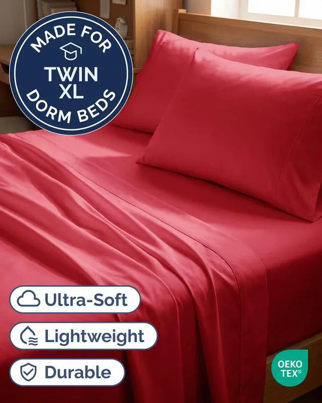 Alt view image 2 of 7 - Twin XL 4 Piece Sheet Set - Comfy Breathable & Cooling - Ultra Soft Hotel Luxury Bedding Set w/ 8-16 Inch Deep Pockets - 1 Flat & 1 Fitted Sheet & 2 Pillowcases - Cozy, Wrinkle Free & Easy Care - Red