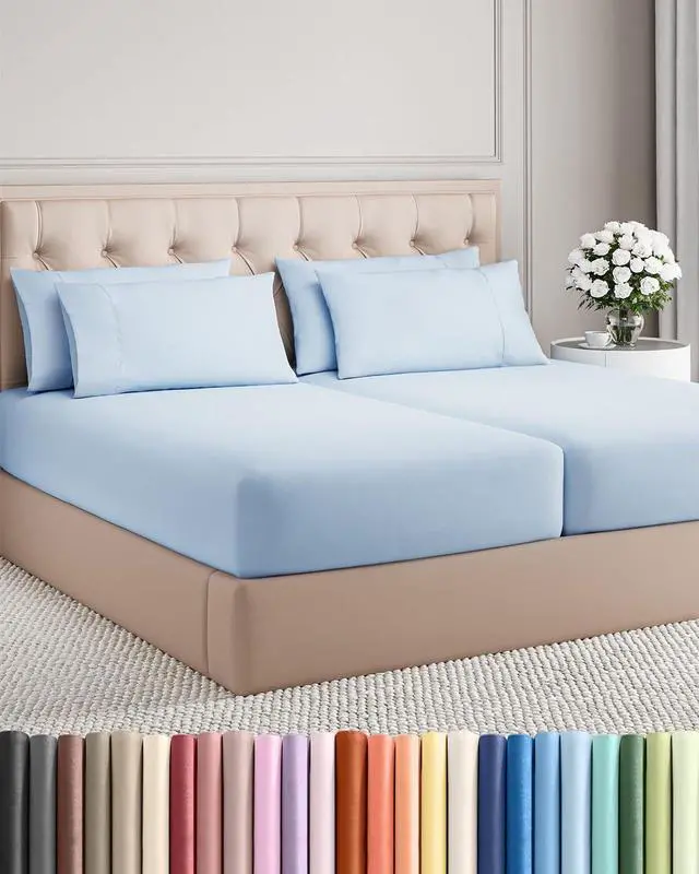 Main image of Split King 7 Piece Sheet Set - Comfy Breathable & Cooling - Soft Hotel Luxury Bedding Set with 8-16 Inch Deep Pockets - 1 Flat & 2 Fitted Sheet & 4 Pillowcases - Wrinkle Free & Easy Care - Sky Blue