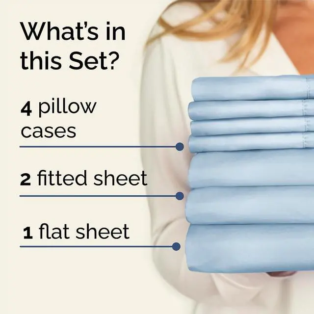 Alt view image 2 of 7 - Split King 7 Piece Sheet Set - Comfy Breathable & Cooling - Soft Hotel Luxury Bedding Set with 8-16 Inch Deep Pockets - 1 Flat & 2 Fitted Sheet & 4 Pillowcases - Wrinkle Free & Easy Care - Sky Blue