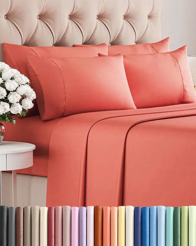 Main image of Full 6 Piece Sheet Set - Comfy Breathable & Cooling - Ultra Soft Hotel Luxury Bedding Set with 8-16 Inch Deep Pockets - 1 Flat & 1 Fitted Sheet & 4 Pillowcases - Cozy, Wrinkle Free & Easy Care - Coral