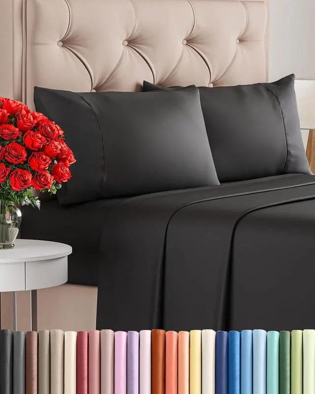 Main image of Twin 4 Piece Sheet Set - Comfy Breathable & Cooling - Ultra Soft Hotel Luxury Bedding Set with 8-16 Inch Deep Pockets - 1 Flat & 1 Fitted Sheet & 2 Pillowcases - Cozy, Wrinkle Free & Easy Care - Black