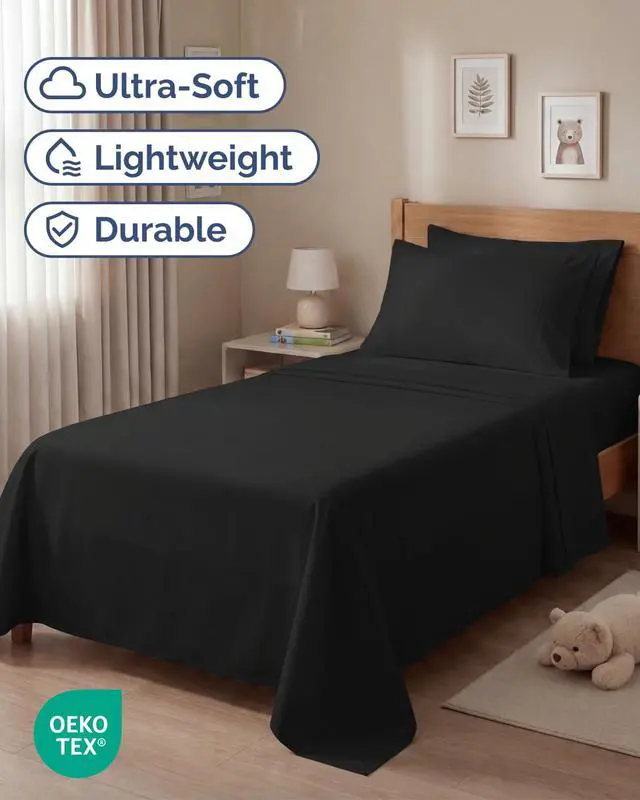 Alt view image 2 of 7 - Twin 4 Piece Sheet Set - Comfy Breathable & Cooling - Ultra Soft Hotel Luxury Bedding Set with 8-16 Inch Deep Pockets - 1 Flat & 1 Fitted Sheet & 2 Pillowcases - Cozy, Wrinkle Free & Easy Care - Black