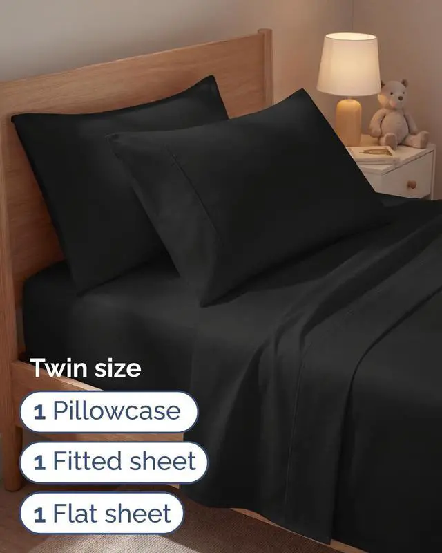 Alt view image 3 of 7 - Twin 4 Piece Sheet Set - Comfy Breathable & Cooling - Ultra Soft Hotel Luxury Bedding Set with 8-16 Inch Deep Pockets - 1 Flat & 1 Fitted Sheet & 2 Pillowcases - Cozy, Wrinkle Free & Easy Care - Black