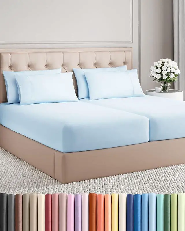 Main image of Split King 7 Piece Sheet Set - Comfy Breathable & Cooling - Soft Hotel Luxury Bedding Set with 8-16 Inch Deep Pockets - 1 Flat & 2 Fitted Sheet & 4 Pillowcases - Wrinkle Free & Easy Care - Baby Blue