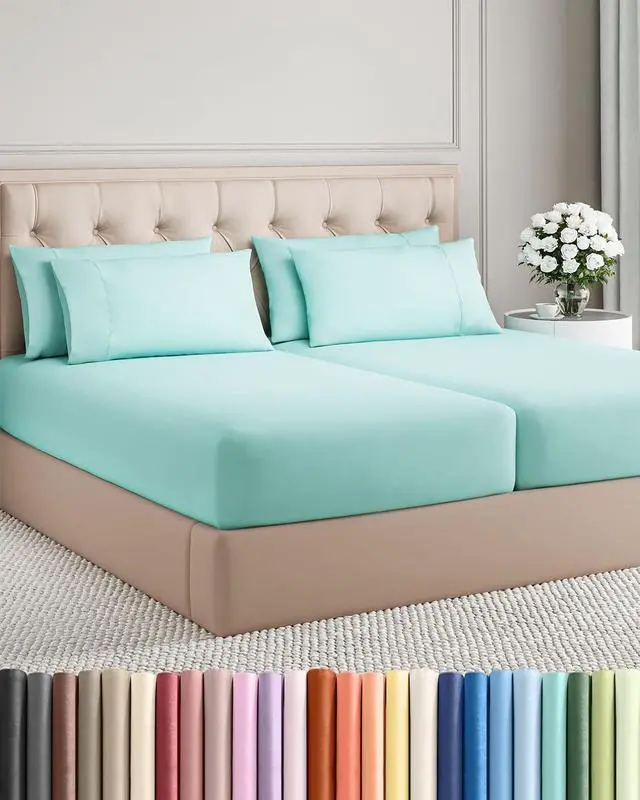 Main image of Split King 7 Piece Sheet Set - Comfy Breathable & Cooling - Soft Hotel Luxury Bedding Set with 8-16 Inch Deep Pockets - 1 Flat & 2 Fitted Sheet & 4 Pillowcases - Wrinkle Free & Easy Care - Spa Blue