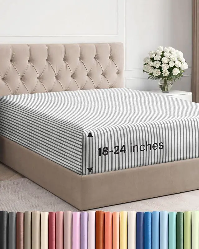 Main image of Extra Deep King Fitted Sheet - Hotel Luxury Single Fitted Sheet Only - Easily Fits 18 inch to 24 inch Mattress - Ultra Soft, Wrinkle Free with Extra Deep Pockets - Breathable & Comfy - Grey Stripes