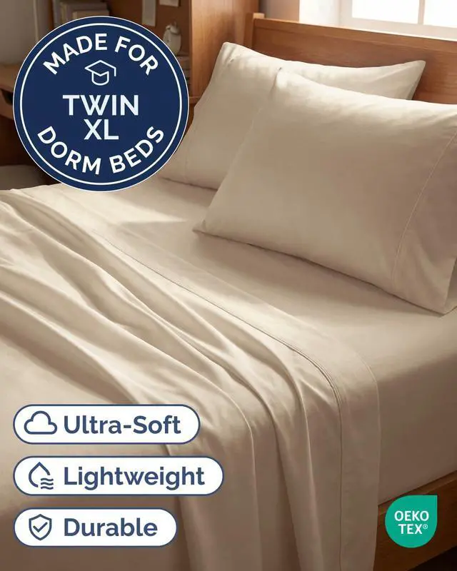 Alt view image 2 of 7 - Twin XL 4 Piece Sheet Set - Comfy Breathable & Cooling - Ultra Soft Hotel Luxury Bedding Set w/ 8-16 Inch Deep Pockets - 1 Flat & 1 Fitted Sheet & 2 Pillowcases - Wrinkle Free and Easy Care - Cream