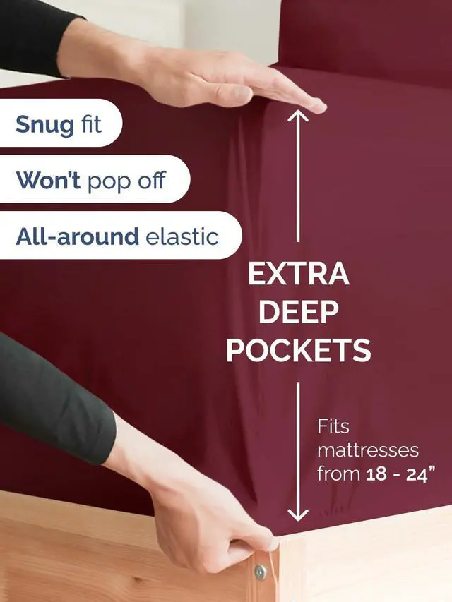 Alt view image 2 of 7 - Extra Deep Twin XL Fitted Sheet - College Dorm Bed Single Fitted Sheet Only w/Extra Deep Pockets - Ultra-Soft & Breathable - Easily Fits 18 to 24 inch Mattress - Wrinkle & Fade Resistant - Burgundy