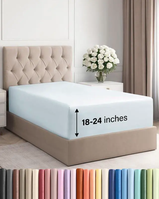 Main image of Extra Deep Twin Fitted Sheet - Hotel Luxury Single Fitted Sheet Only - Easily Fits 18 inch to 24 inch Mattress - Ultra Soft, Wrinkle & Fade Free w/Extra Deep Pockets - Breathable & Comfy - Ice Blue
