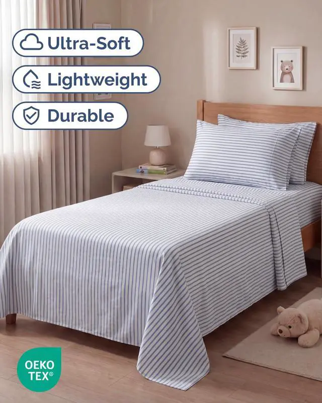 Alt view image 2 of 7 - Twin 4 Piece Sheet Set - Comfy Breathable & Cooling - Soft Hotel Luxury Bedding Set with 8-16 Inch Deep Pockets - 1 Flat & 1 Fitted Sheet & 2 Pillowcases - Wrinkle Free & Easy Care - Blue Stripes 2