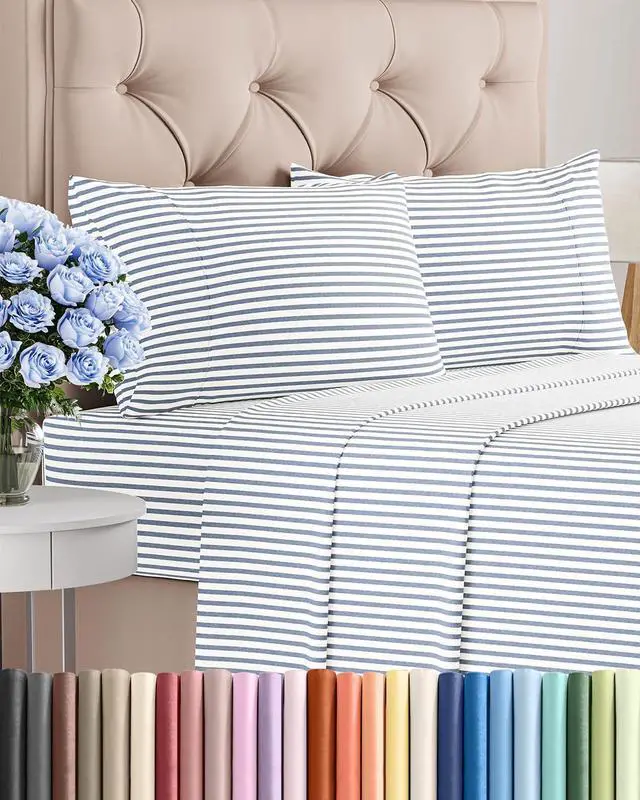 Main image of Twin 4 Piece Sheet Set - Comfy Breathable & Cooling - Soft Hotel Luxury Bedding Set with 8-16 Inch Deep Pockets - 1 Flat & 1 Fitted Sheet & 2 Pillowcases - Wrinkle Free & Easy Care - Blue Stripes 2