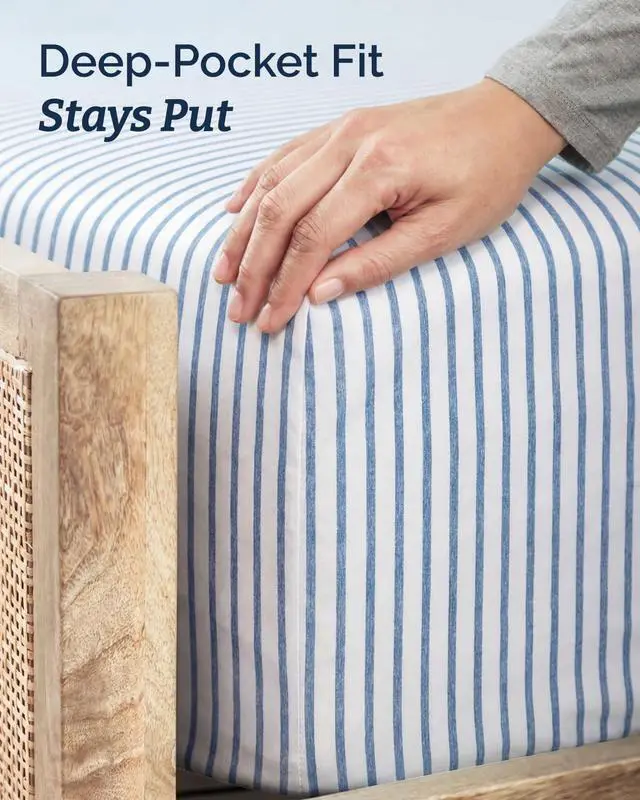 Alt view image 4 of 7 - Twin 4 Piece Sheet Set - Comfy Breathable & Cooling - Soft Hotel Luxury Bedding Set with 8-16 Inch Deep Pockets - 1 Flat & 1 Fitted Sheet & 2 Pillowcases - Wrinkle Free & Easy Care - Blue Stripes 2