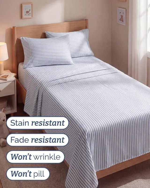 Alt view image 5 of 7 - Twin 4 Piece Sheet Set - Comfy Breathable & Cooling - Soft Hotel Luxury Bedding Set with 8-16 Inch Deep Pockets - 1 Flat & 1 Fitted Sheet & 2 Pillowcases - Wrinkle Free & Easy Care - Blue Stripes 2