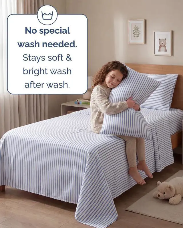 Alt view image 6 of 7 - Twin 4 Piece Sheet Set - Comfy Breathable & Cooling - Soft Hotel Luxury Bedding Set with 8-16 Inch Deep Pockets - 1 Flat & 1 Fitted Sheet & 2 Pillowcases - Wrinkle Free & Easy Care - Blue Stripes 2