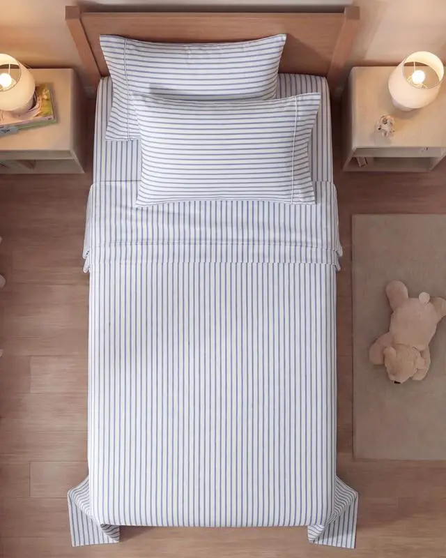 Alt view image 7 of 7 - Twin 4 Piece Sheet Set - Comfy Breathable & Cooling - Soft Hotel Luxury Bedding Set with 8-16 Inch Deep Pockets - 1 Flat & 1 Fitted Sheet & 2 Pillowcases - Wrinkle Free & Easy Care - Blue Stripes 2