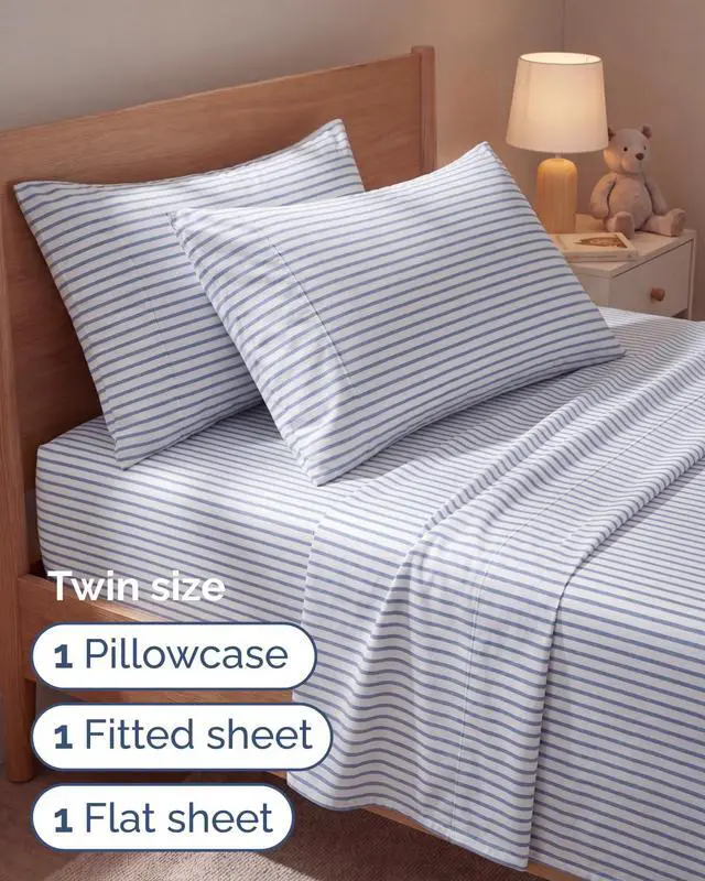 Alt view image 3 of 7 - Twin 4 Piece Sheet Set - Comfy Breathable & Cooling - Soft Hotel Luxury Bedding Set with 8-16 Inch Deep Pockets - 1 Flat & 1 Fitted Sheet & 2 Pillowcases - Wrinkle Free & Easy Care - Blue Stripes 2