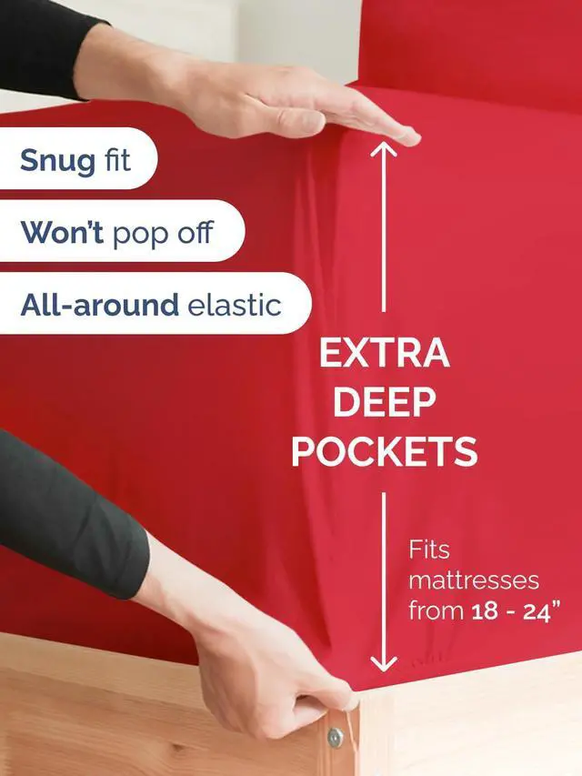Alt view image 2 of 7 - Extra Deep Full Fitted Sheet - Hotel Luxury Single Fitted Sheet Only - Easily Fits 18 inch to 24 inch Mattress - Ultra Soft, Wrinkle Free with Extra Deep Pockets - Easy-Care, Breathable & Comfy - Red