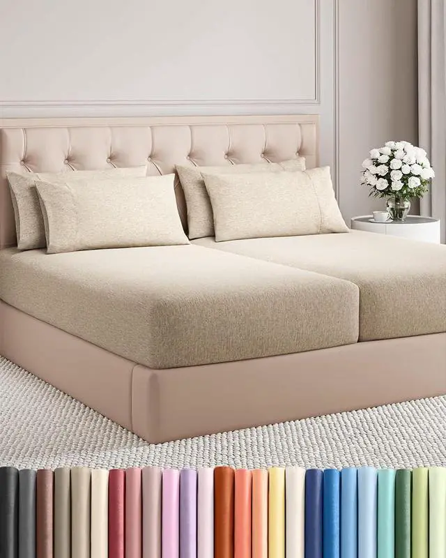 Main image of Split King 7 Piece Sheet Set - Comfy Breathable & Cooling - Soft Hotel Luxury Bedding Set w/ 8-16 Inch Deep Pockets - 1 Flat & 2 Fitted Sheet & 4 Pillowcases - Cozy & Wrinkle Free - Heathered Beige