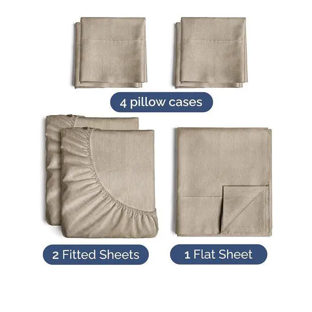 Alt view image 2 of 7 - Split King 7 Piece Sheet Set - Comfy Breathable & Cooling - Soft Hotel Luxury Bedding Set w/ 8-16 Inch Deep Pockets - 1 Flat & 2 Fitted Sheet & 4 Pillowcases - Cozy & Wrinkle Free - Heathered Beige