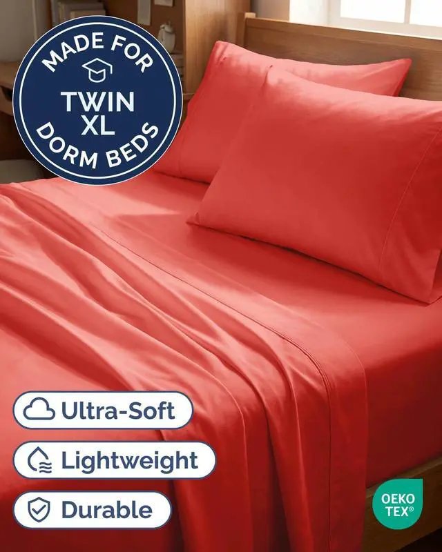Alt view image 2 of 7 - Twin XL 4 Piece Sheet Set - Comfy Breathable & Cooling - Ultra Soft Hotel Luxury Bedding Set w/ 8-16 Inch Deep Pockets - 1 Flat & 1 Fitted Sheet & 2 Pillowcases - Wrinkle Free and Easy Care - Coral