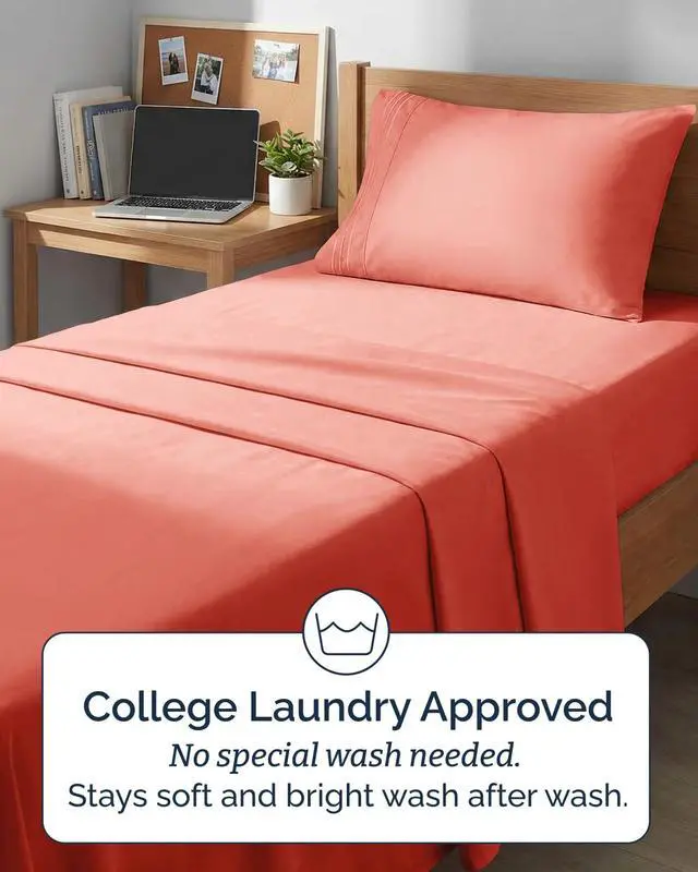 Alt view image 6 of 7 - Twin XL 4 Piece Sheet Set - Comfy Breathable & Cooling - Ultra Soft Hotel Luxury Bedding Set w/ 8-16 Inch Deep Pockets - 1 Flat & 1 Fitted Sheet & 2 Pillowcases - Wrinkle Free and Easy Care - Coral