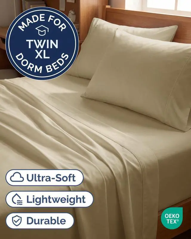 Alt view image 2 of 7 - Twin XL 4 Piece Sheet Set - Comfy Breathable & Cooling - Ultra Soft Hotel Luxury Bedding Set w/ 8-16 Inch Deep Pockets - 1 Flat & 1 Fitted Sheet & 2 Pillowcases - Wrinkle Free and Easy Care - Beige