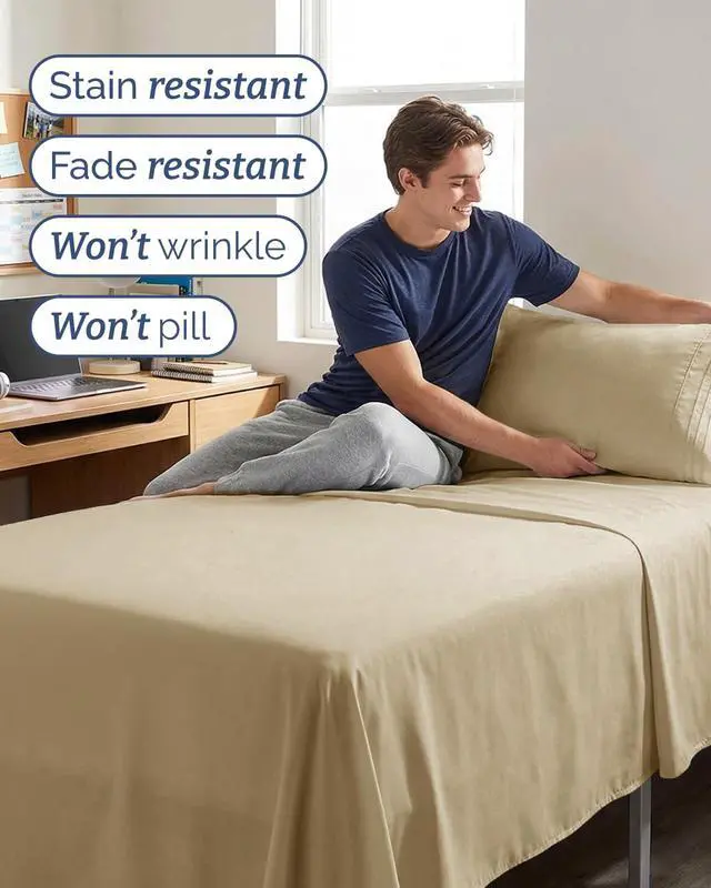 Alt view image 5 of 7 - Twin XL 4 Piece Sheet Set - Comfy Breathable & Cooling - Ultra Soft Hotel Luxury Bedding Set w/ 8-16 Inch Deep Pockets - 1 Flat & 1 Fitted Sheet & 2 Pillowcases - Wrinkle Free and Easy Care - Beige