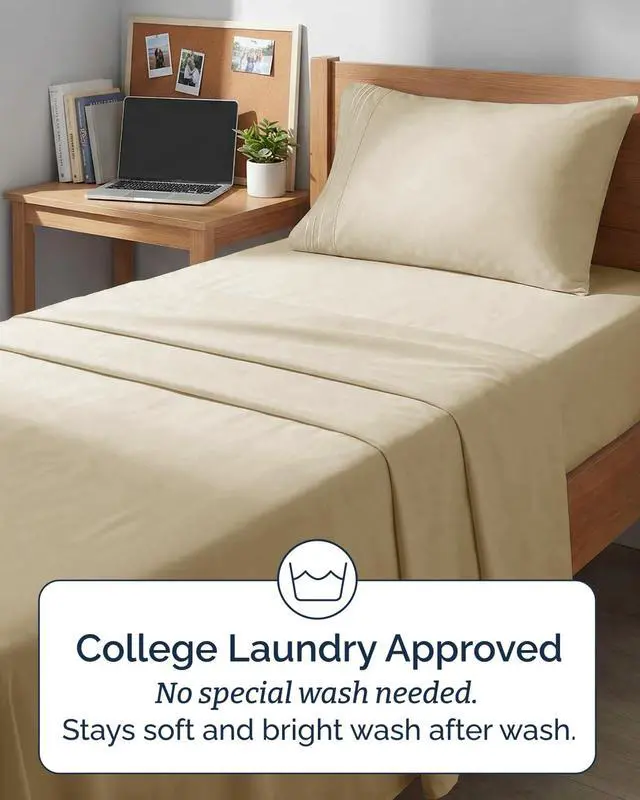 Alt view image 6 of 7 - Twin XL 4 Piece Sheet Set - Comfy Breathable & Cooling - Ultra Soft Hotel Luxury Bedding Set w/ 8-16 Inch Deep Pockets - 1 Flat & 1 Fitted Sheet & 2 Pillowcases - Wrinkle Free and Easy Care - Beige