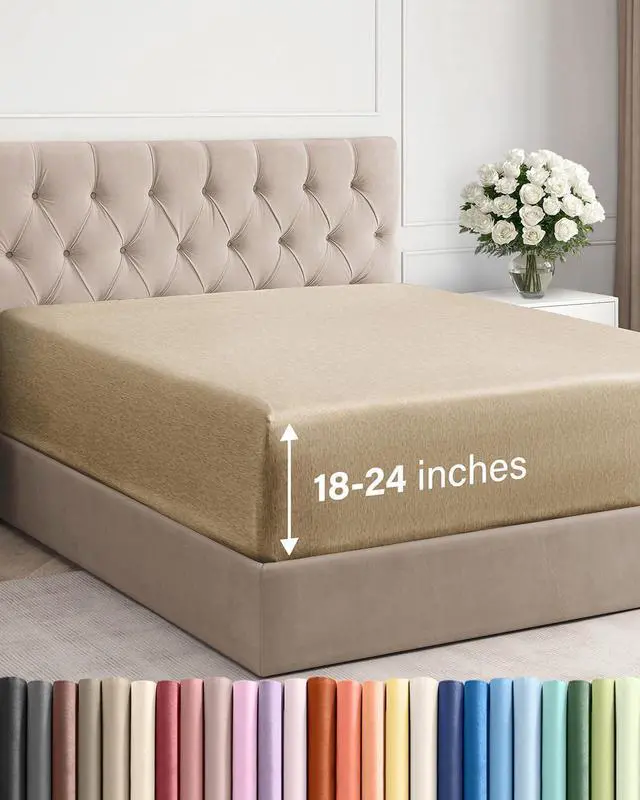 Main image of Extra Deep King Fitted Sheet - Hotel Luxury Single Fitted Sheet Only - Easily Fits 18 inch to 24 inch Mattress - Ultra Soft, Wrinkle Free with Extra Deep Pockets - Breathable & Comfy - Heathered Tan