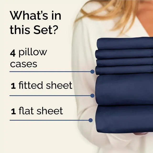 Alt view image 2 of 7 - Full 6 Piece Sheet Set - Comfy Breathable & Cooling - Ultra-Soft Hotel Luxury Bedding Set with 8-16 Inch Deep Pockets - 1 Flat & 1 Fitted Sheet & 4 Pillowcases - Wrinkle Free & Easy Care - Navy Blue