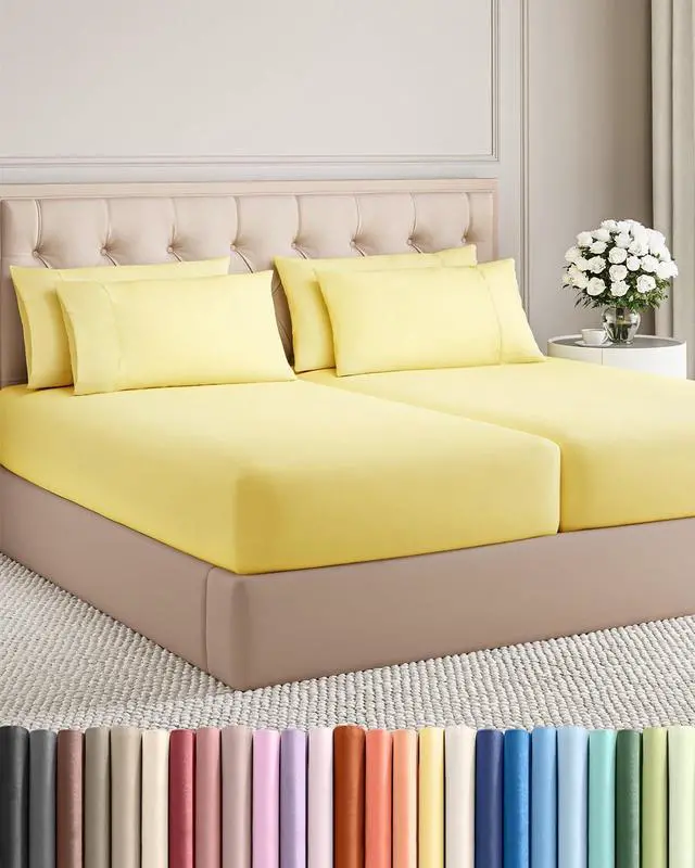 Main image of Split King 7 Piece Sheet Set - Comfy Breathable & Cooling - Ultra-Soft Hotel Luxury Bedding Set w/ 8-16 Inch Deep Pockets - 1 Flat & 2 Fitted Sheet & 4 Pillowcases - Wrinkle Free & Easy Care - Yellow